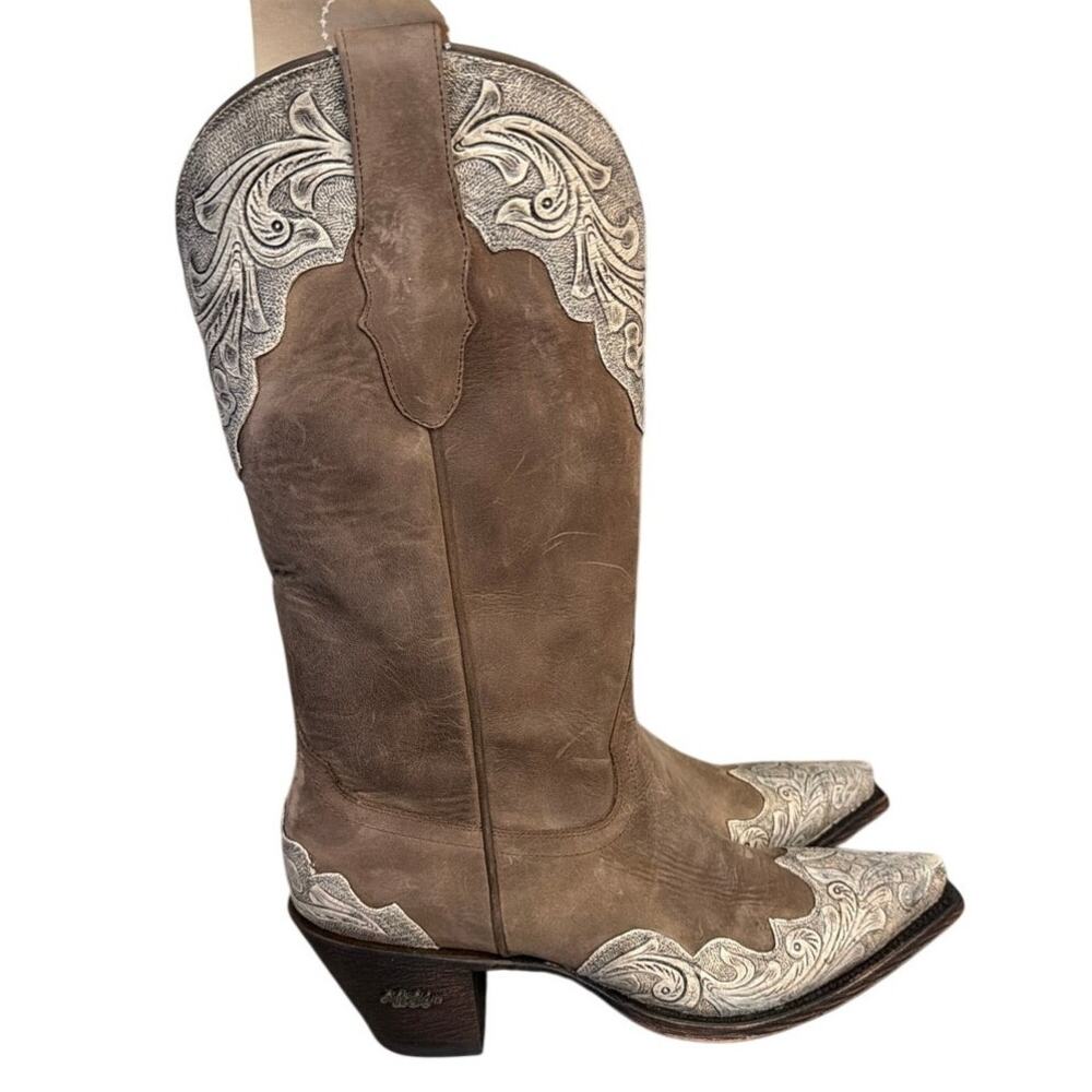 Miss Macie Brown Leather Western Boots Snip Toe Laser Cut Filigree Size 8 New